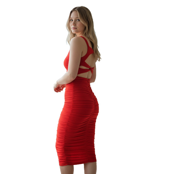Hello Molly Ruched Bodycon Cut-out Back Red Dress-Size Small - Picture 2 of 6